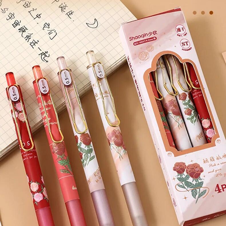 4 pcs/set Romantic Rose ST Tip Mechanical Gel Ink Pens School Office Writing Supplies Gift Stationery Art Supplies Cute Pen